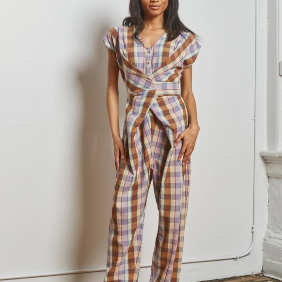 Rujuta Sheth Pants - Plaid V-Neck Jumpsuit in Brown & Lavender